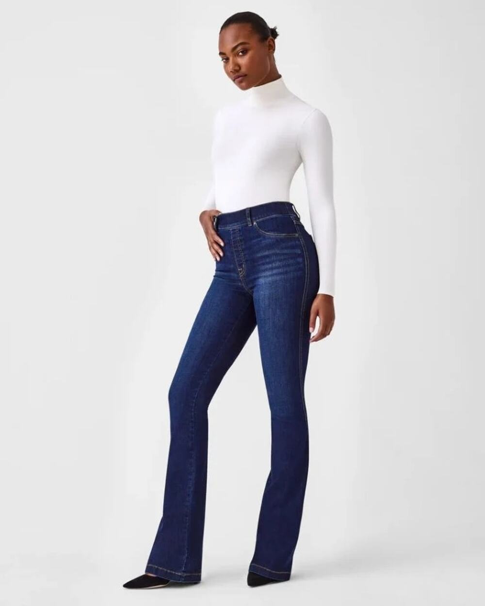 Spanx High Rise Flare Leg Jeans Pull On Stretch Midnight Shade Size XL 20327R
